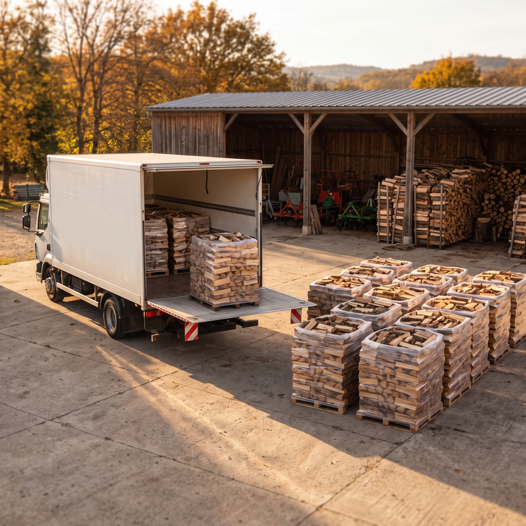 Rangées de palettes de bois de chauffage sec devant le hangar de stockage